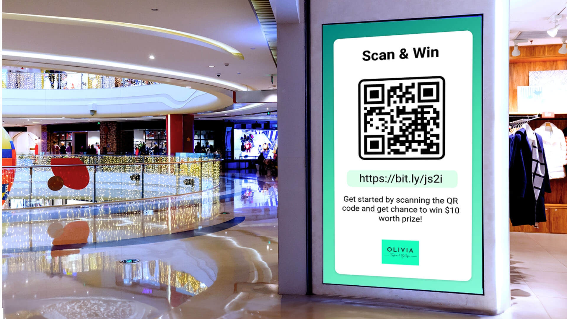 A screen showing a QR code for a lucky draw in a shopping mall.