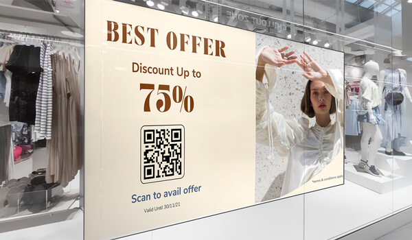 A modern retail shop window display highlights a 75% discount deal with a QR code. Below the code, it says 'Scan to avail offer'
