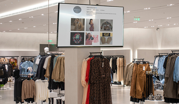 A retail store using digital signage to highlight social media reviews of their products