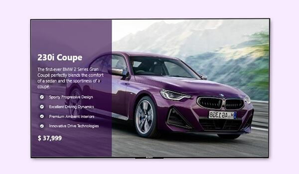 car dealership digital signage displaying the specifications of a violet BMW 230i: design, driving dynamics, interior and price