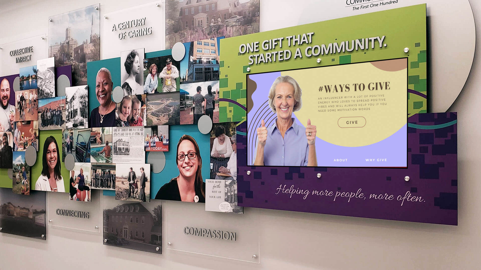 Digital donor recognition wall showcasing ways to donate