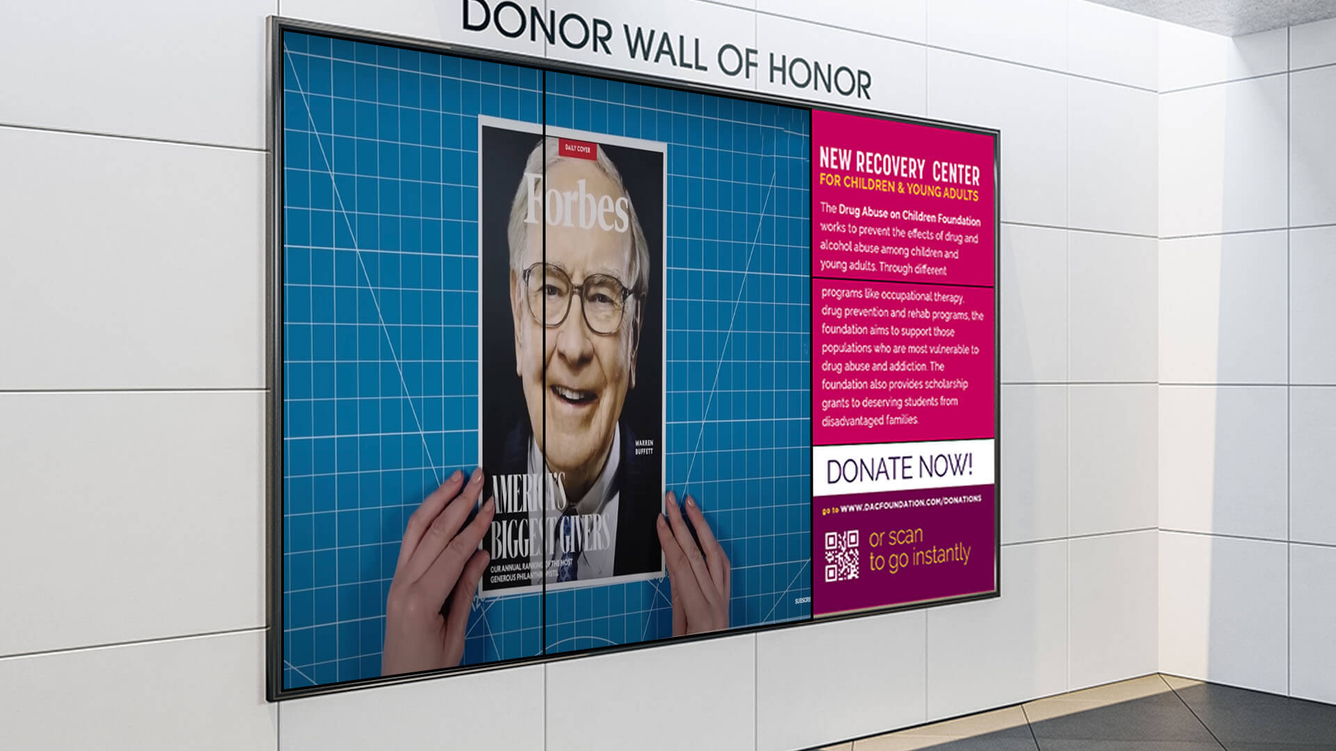 Digital donor recognition video wall showcasing news