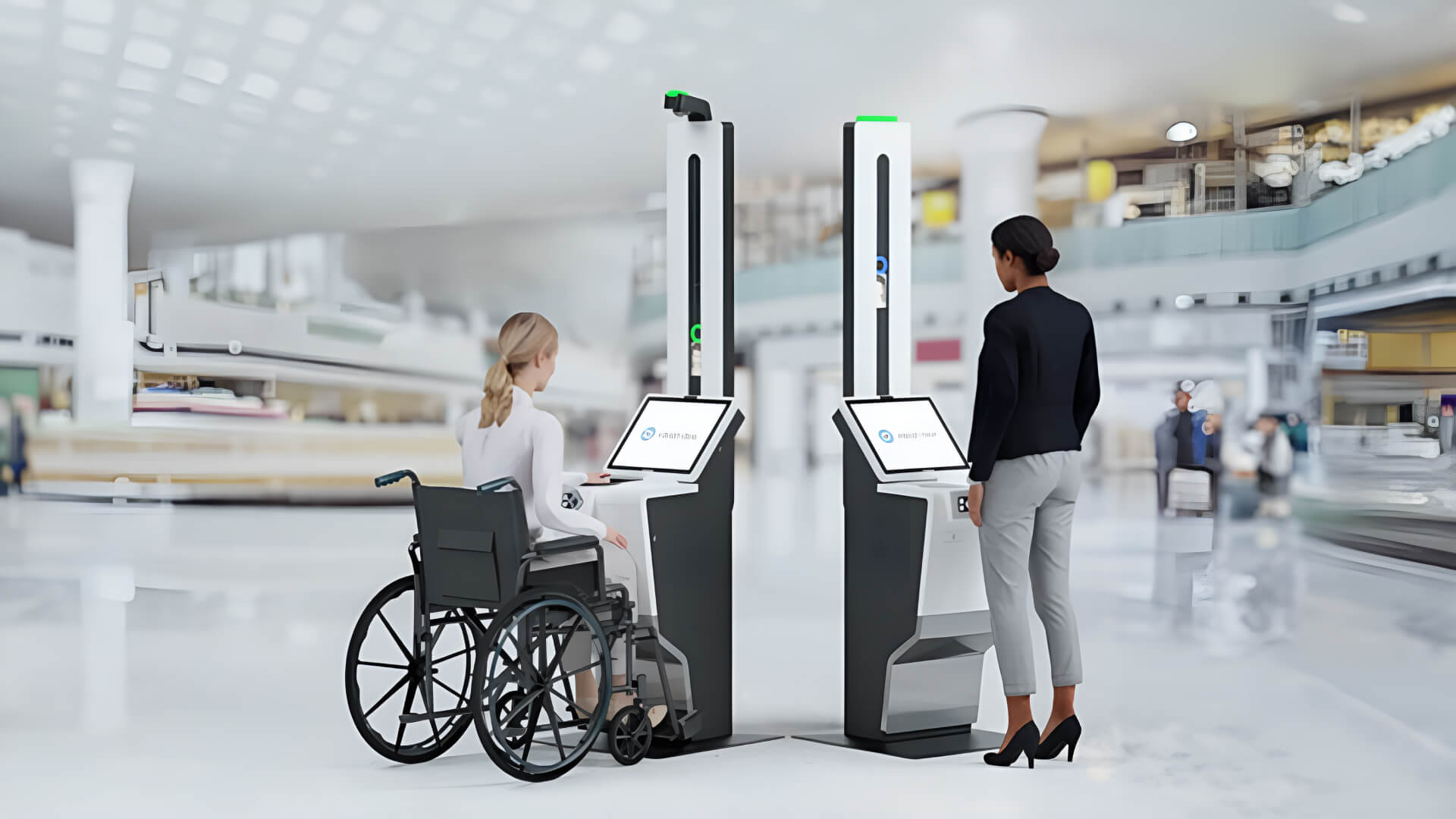 People interacting with all-accessible dynamic digital signage booths.