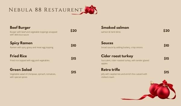 christmas themed menu template of Nebula 88 Restaurant showing food options like Beef burger, Fried rice, Green salad, etc.
