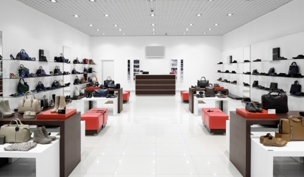 A footwear retail store shows a clean store layout with products organized in well-balanced manner.