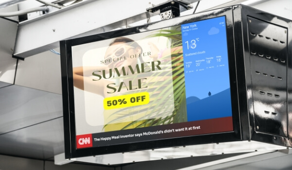 An elevator signage screen with a three-zone layout showing the weather, a news ticker, and summer sales offer from a brand