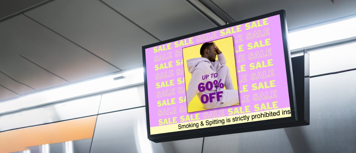 A digital elevator display showing sales offers from a brand