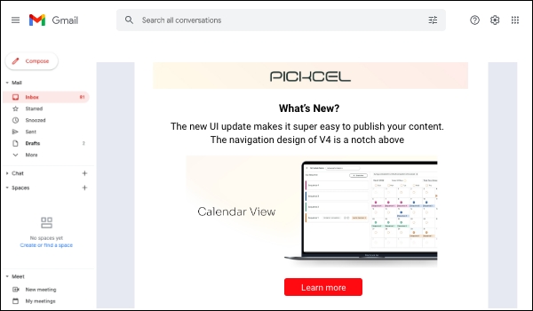 screenshot of an email which was a part of email marketing campaign from Pickcel