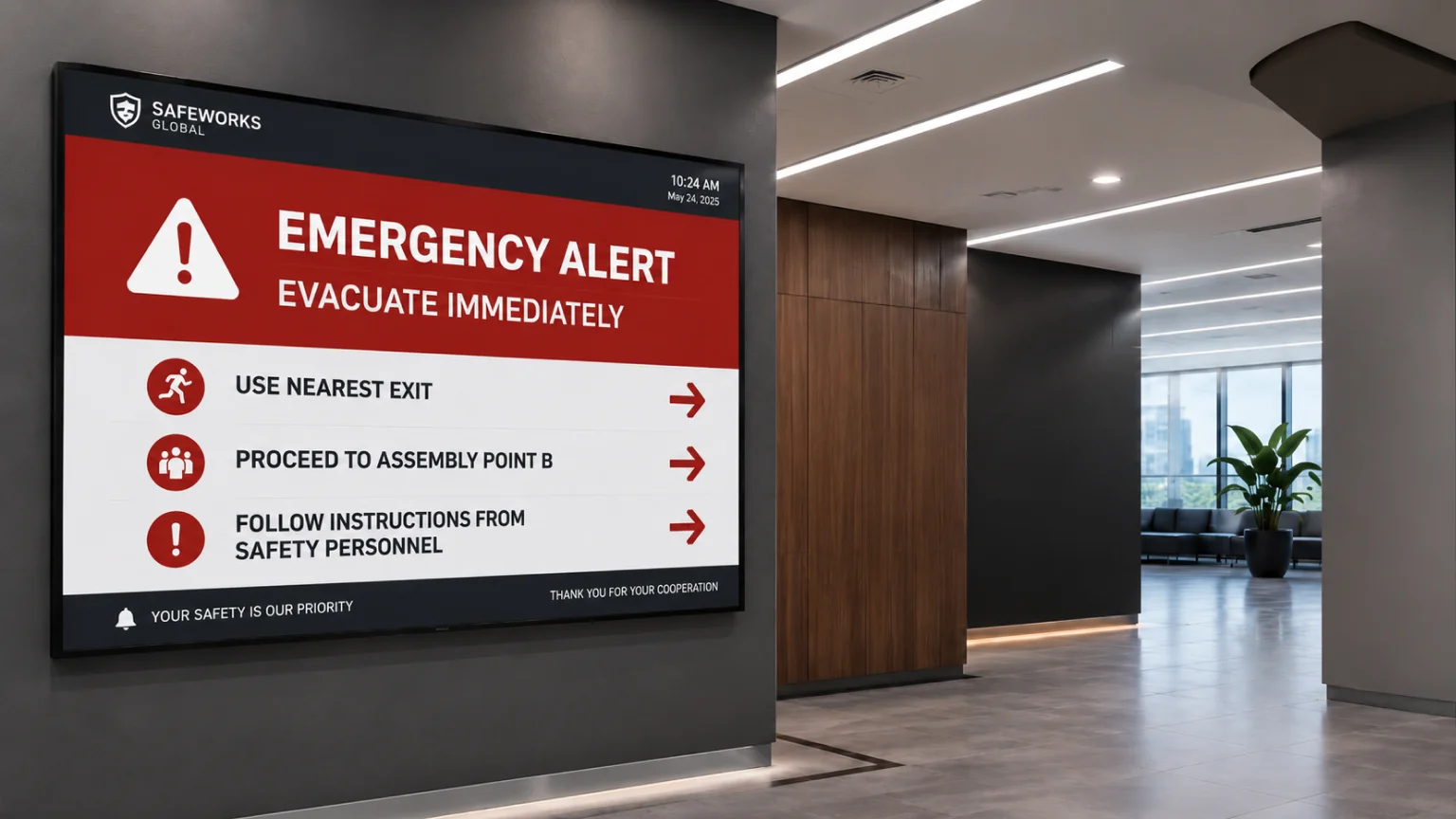 Emergency notification alert displayed on digital signage screens across a factory floor