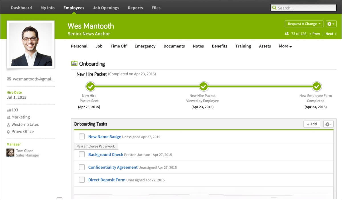 BambooHR's dashboard showing onboarding tasks