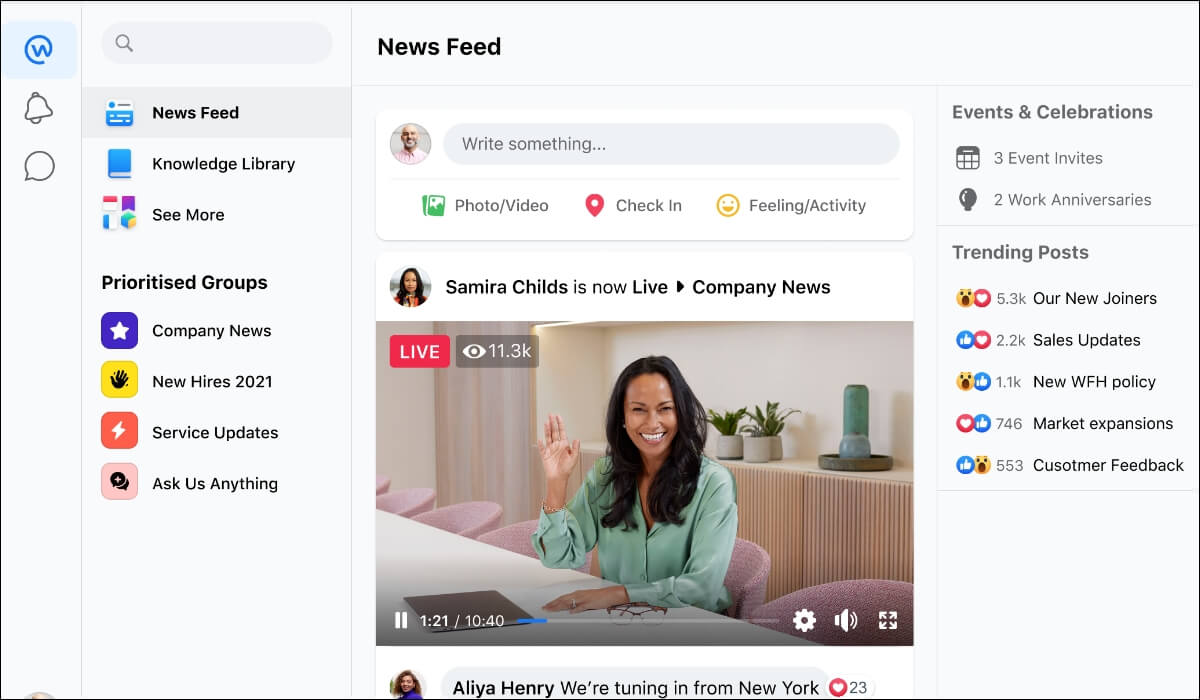 Image showing Meta workplace's news feed page alongside events calendar and trending posts