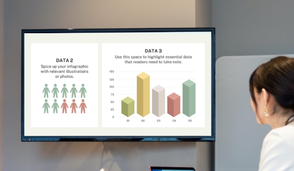 A corporate digital signage screen shows bite-sized data about the company's customer & revenue growth