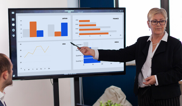 A team discusses the sales stats comparison of zonal offices with the help of digital signage software integrations