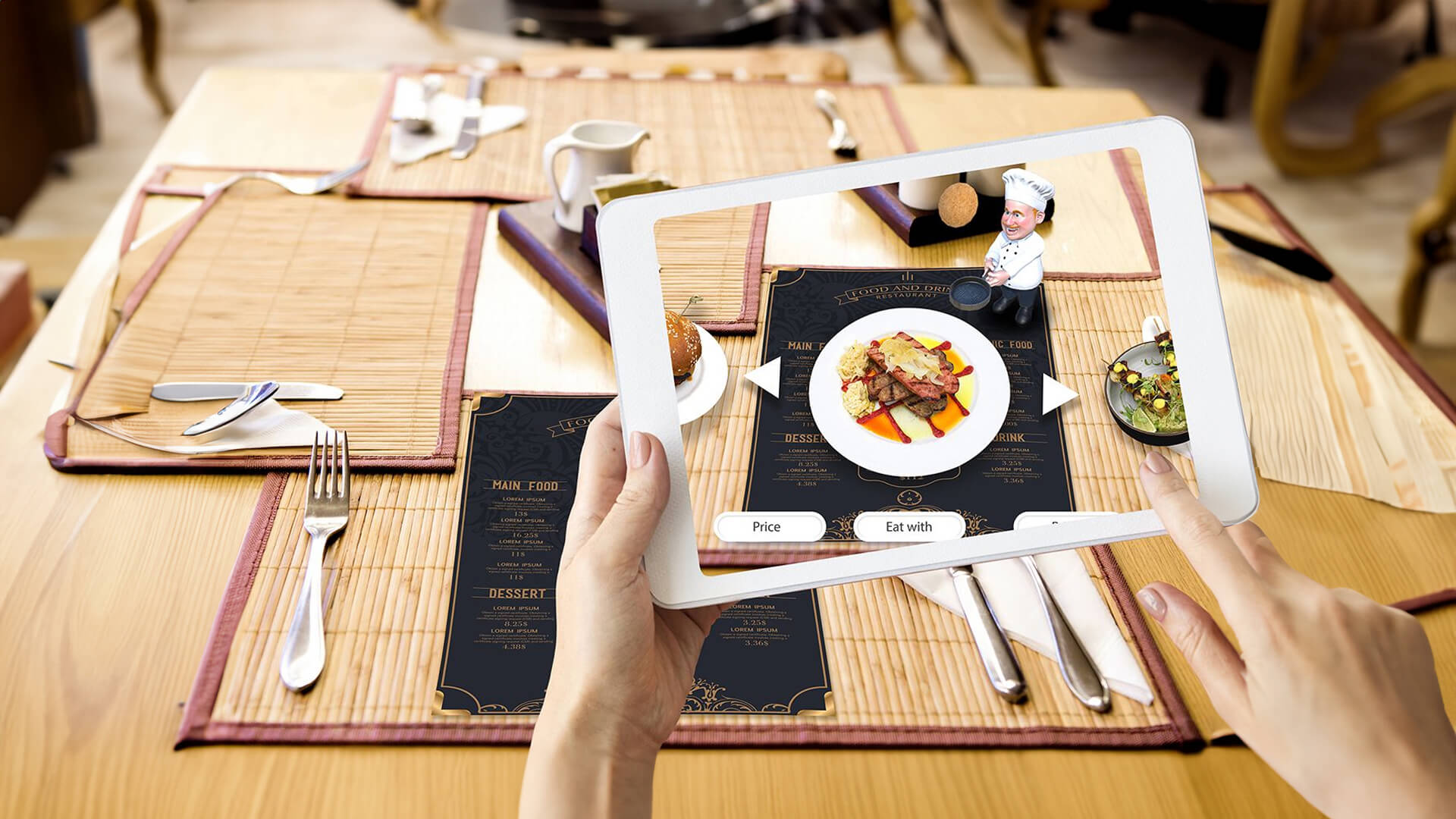  Customer using AR technology to experience food before ordering.