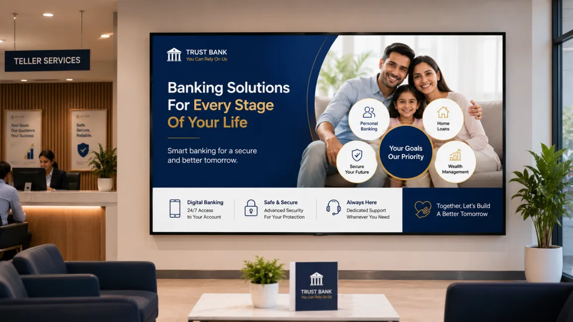 Modern bank branch interior with digital screens displaying product rates and advisory content