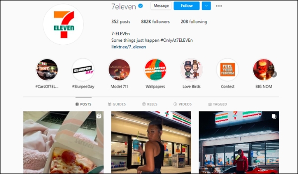 The Instagram page of the franchise brand 7-eleven shows consistent social media marketing efforts and a follower count of 882K