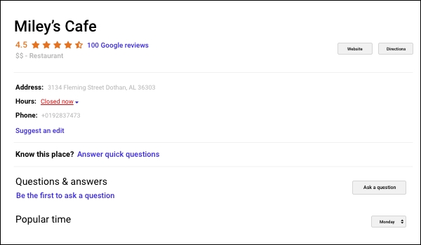 The Google My Business account of Miley's franchise shows all details like address, contact number, popular time, open hours.