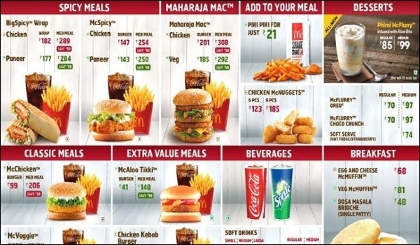 McDonald's menu for India has veg burgers and no beef meals.
