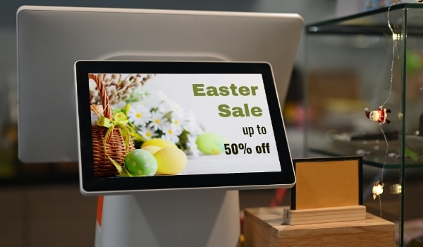 A PoS display at a franchise store advertises 50% discount on products for the Easter Sale
