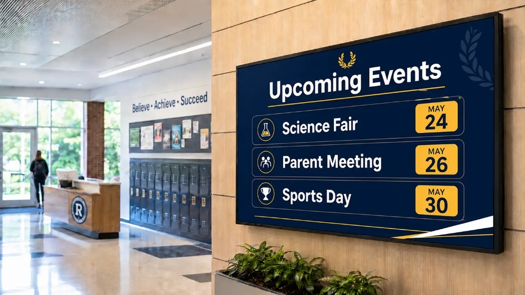 School hallway digital signage display showing upcoming events on screen