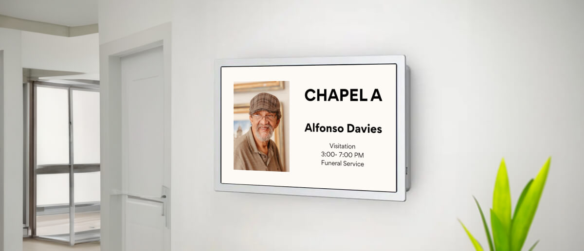 Funeral home using digital signage for memorial services.