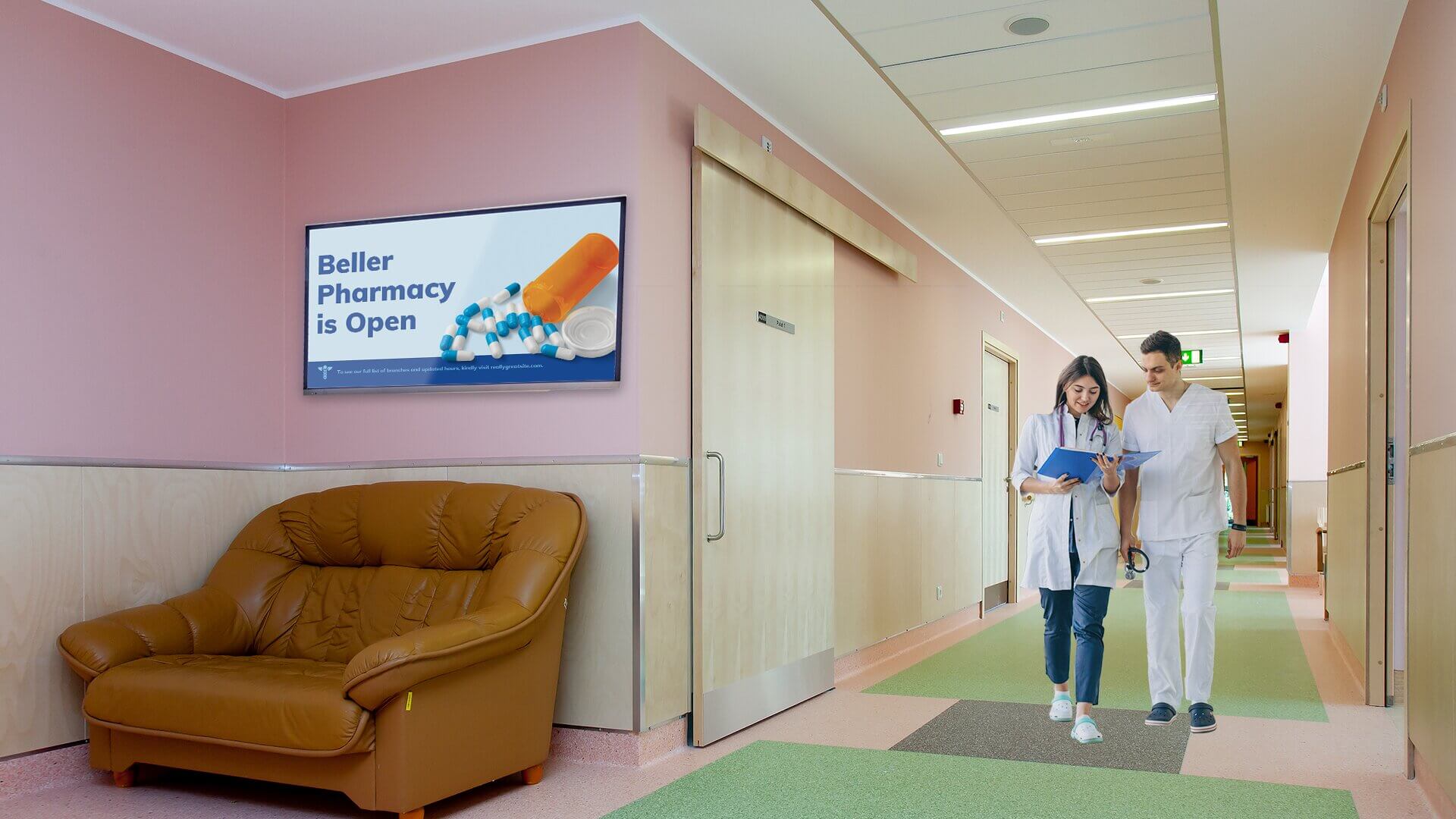 Digital signage in a healthcare facility waiting room advertising pharmaceutical products
