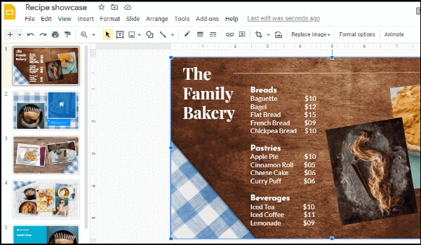 screenshot from google slides showing bakery themed menu design