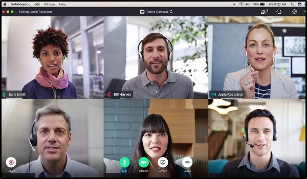 gotomeeting video conferencing platform interface showing features like record, mic, camera, etc.