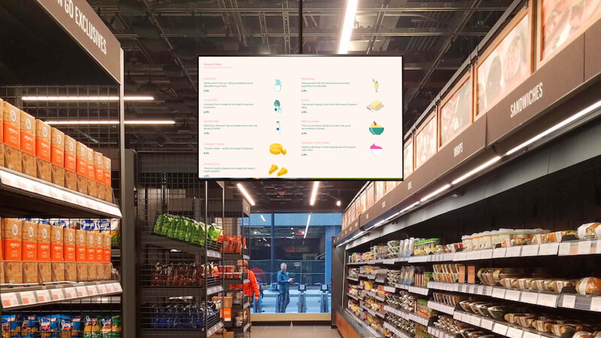 A hanging digital signage screen at a convenience store shows digital product catalogs near the product shelves 