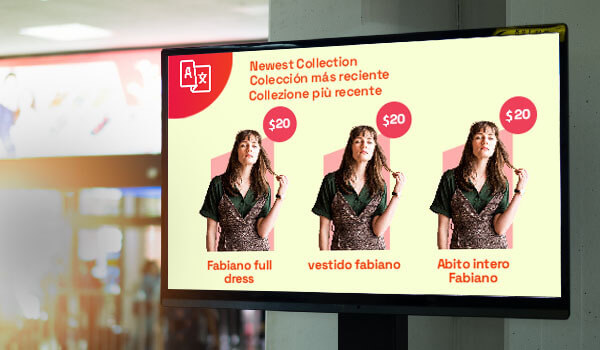 A retail display shows multilingual product promotions