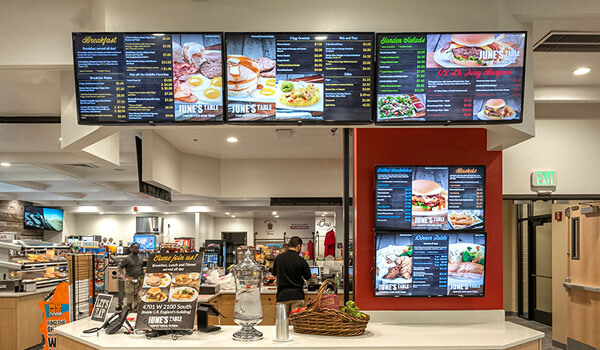 digital menu board showing menu details in food court