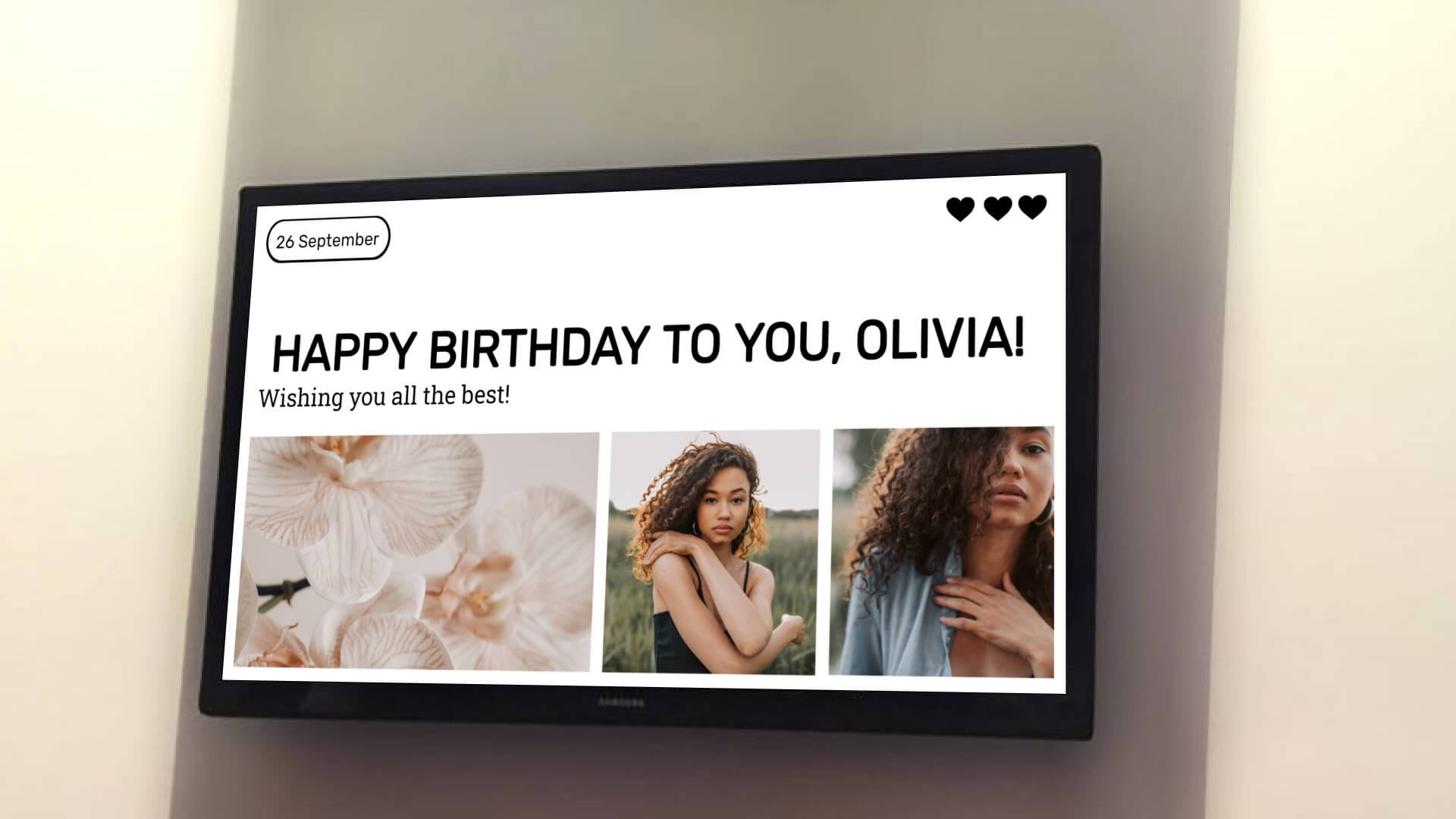A home digital signage screen showing birthday wishes