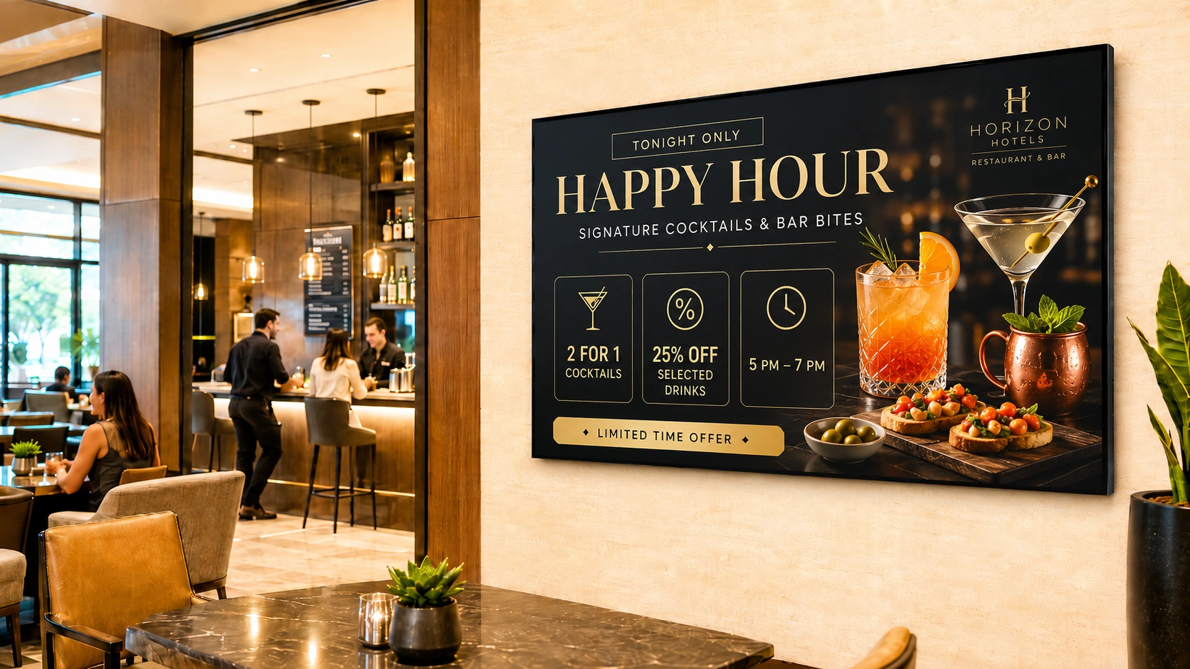 Digital signage screen displaying a hotel restaurant menu in a dining outlet