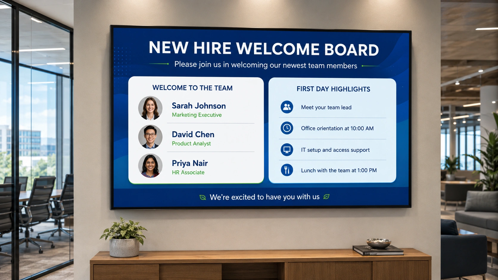 HR manager viewing a benefits enrolment countdown on a workplace digital signage screen in a break room