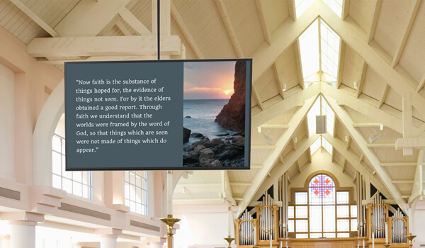 a chruch equipped with digital signage screen displaying prayers