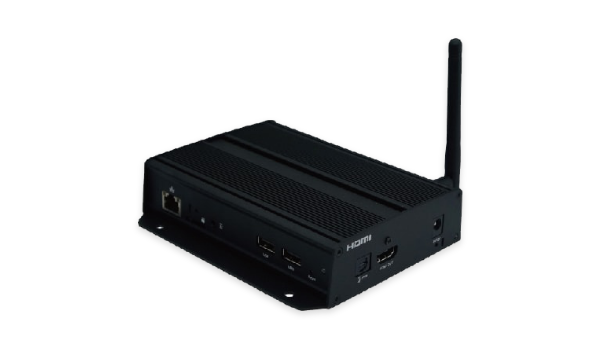 A black sturdy IAdea digital signage player that can be used for industrial needs like kiosks, billboards.