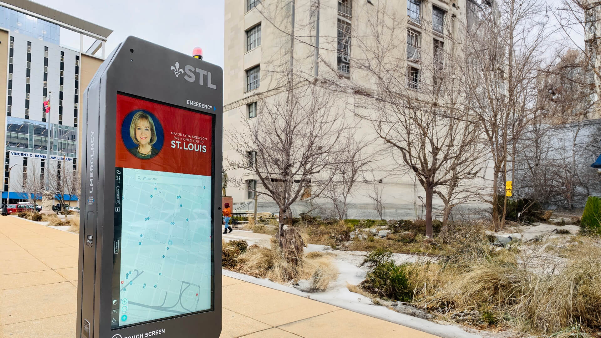   Wayfinding made easier with information kiosks in outdoor public spaces.