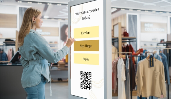 In-store touchscreen kiosk to gather customer feedback directly or via QR code scan