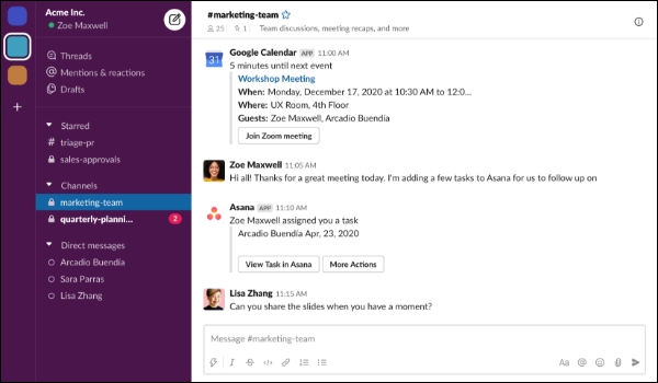 Screenshot of the slack app shows an internal communication thread with various team channels