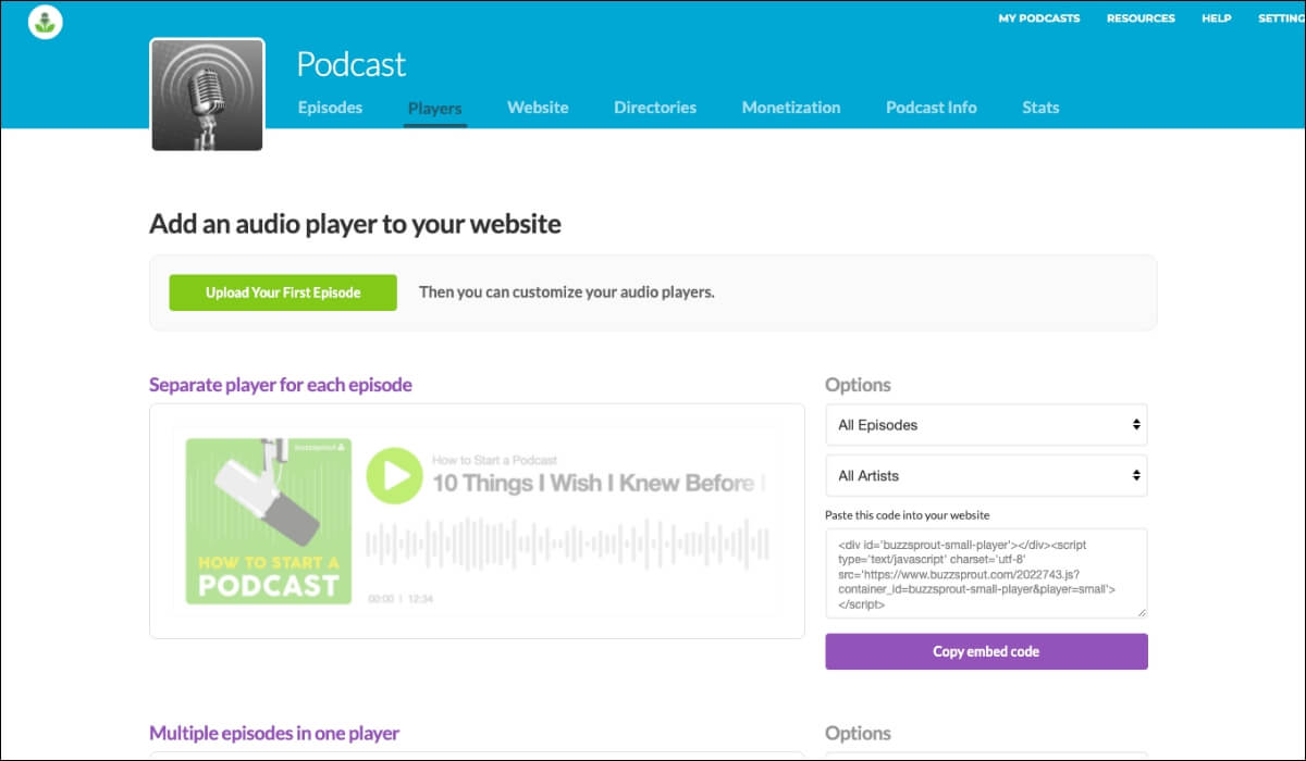 Buzzsprout podcast window shows episode management and uploading options