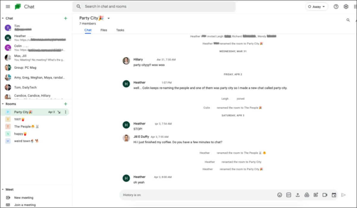 Google chat dashboard showing an employee chat room with integration and file sharing options in the below right corner