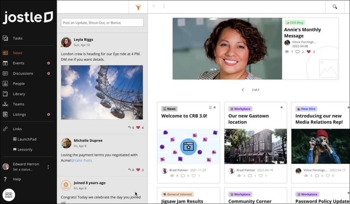Jostle employee social media dashboard shows company news and achievements in the feed