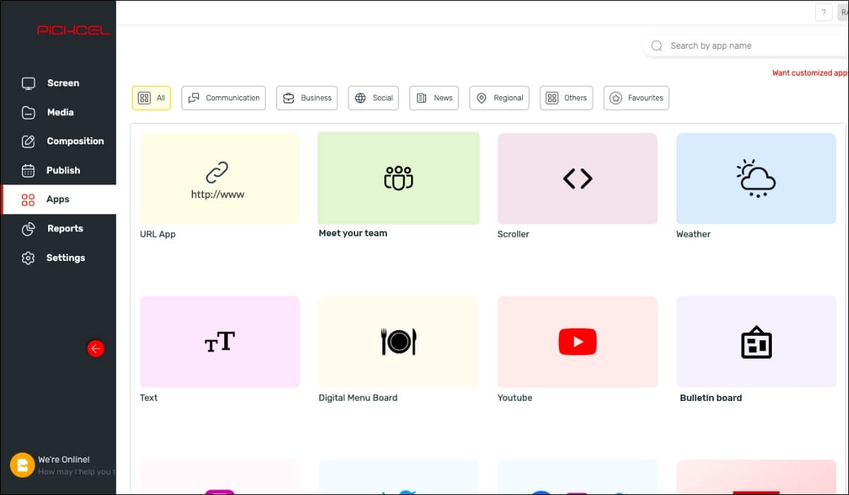 Pickcel software dashboard highlights 'apps' menu with several useful apps like Meet Your Team and Bulletin Board