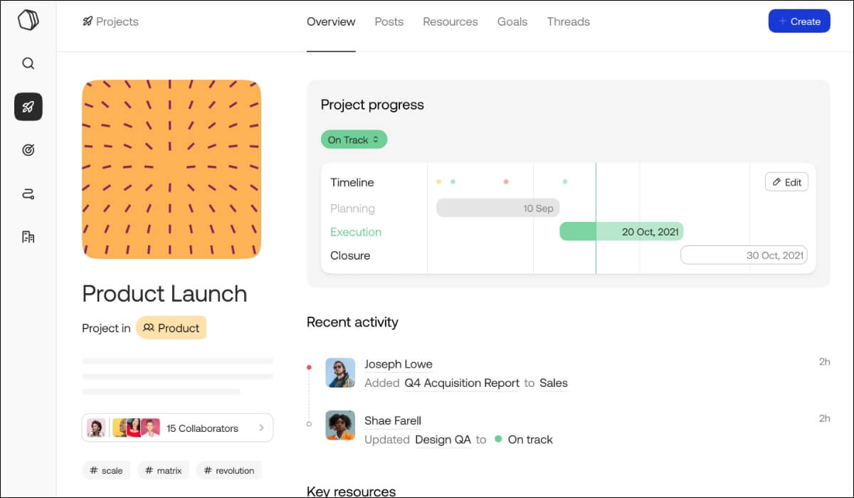 Qatalog dashboard displays project overview with time line details and recent activities