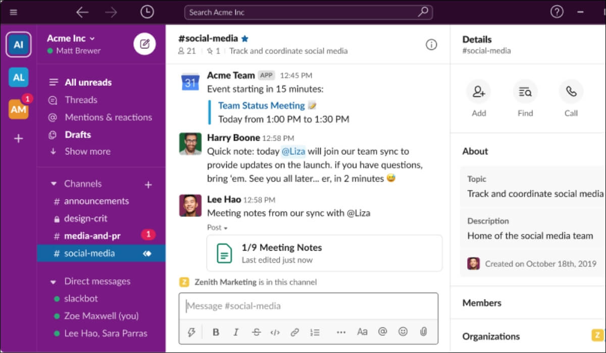 Slack dashboard shows the social media channel chat with integration, attachment and formatting features below the chat window