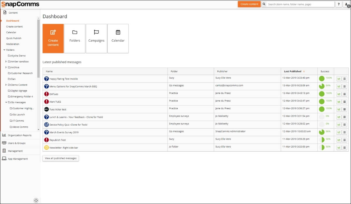 SnapComms dashboard shows recently updates employee newsletters and option for creating new newsletter content