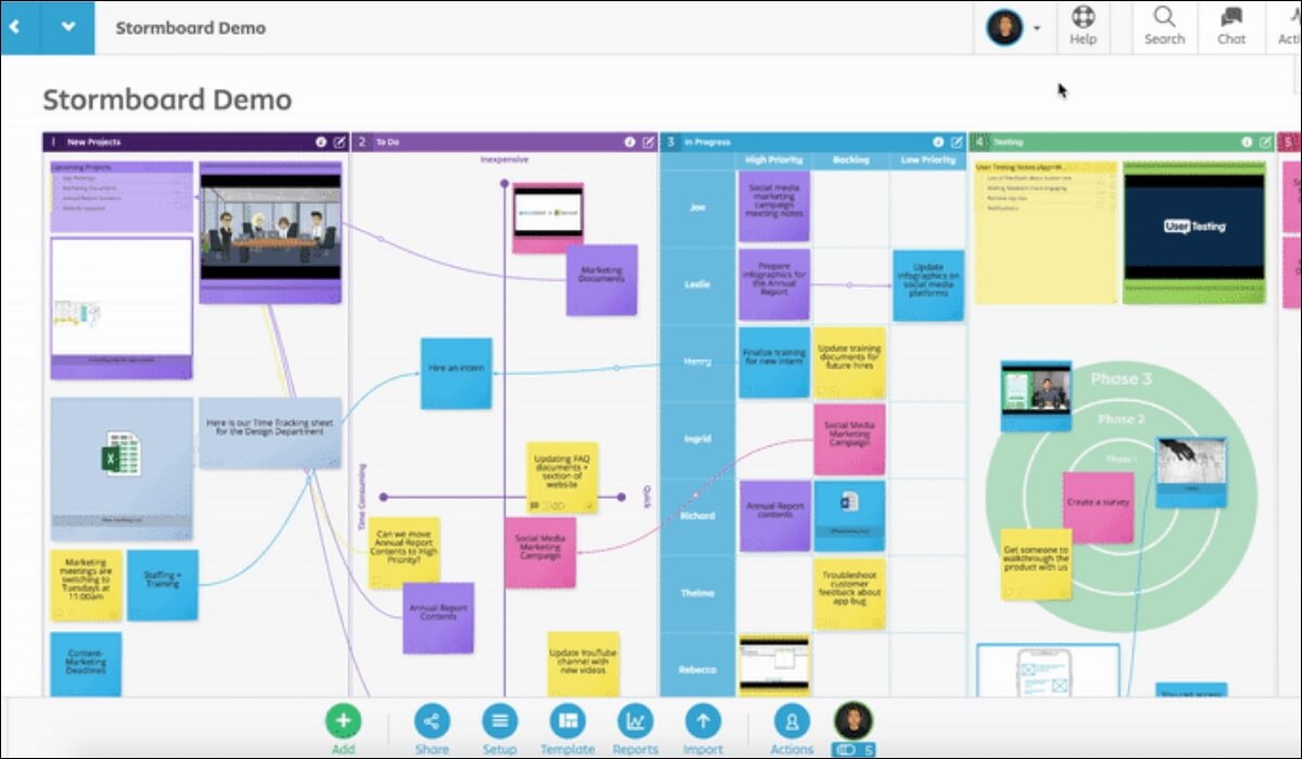 Stormboard demo window shows whiteboard management options with tools and features