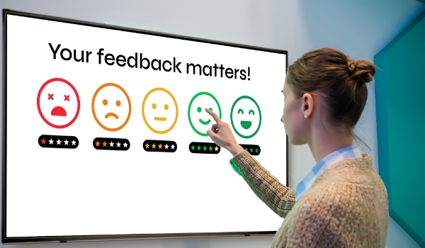 An employee shares her feedback through an interactive digital signage screen.