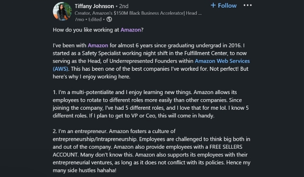  screenshot of a LinkedIn post by an Amazon employee praising Amazon's excellent employee growth support.