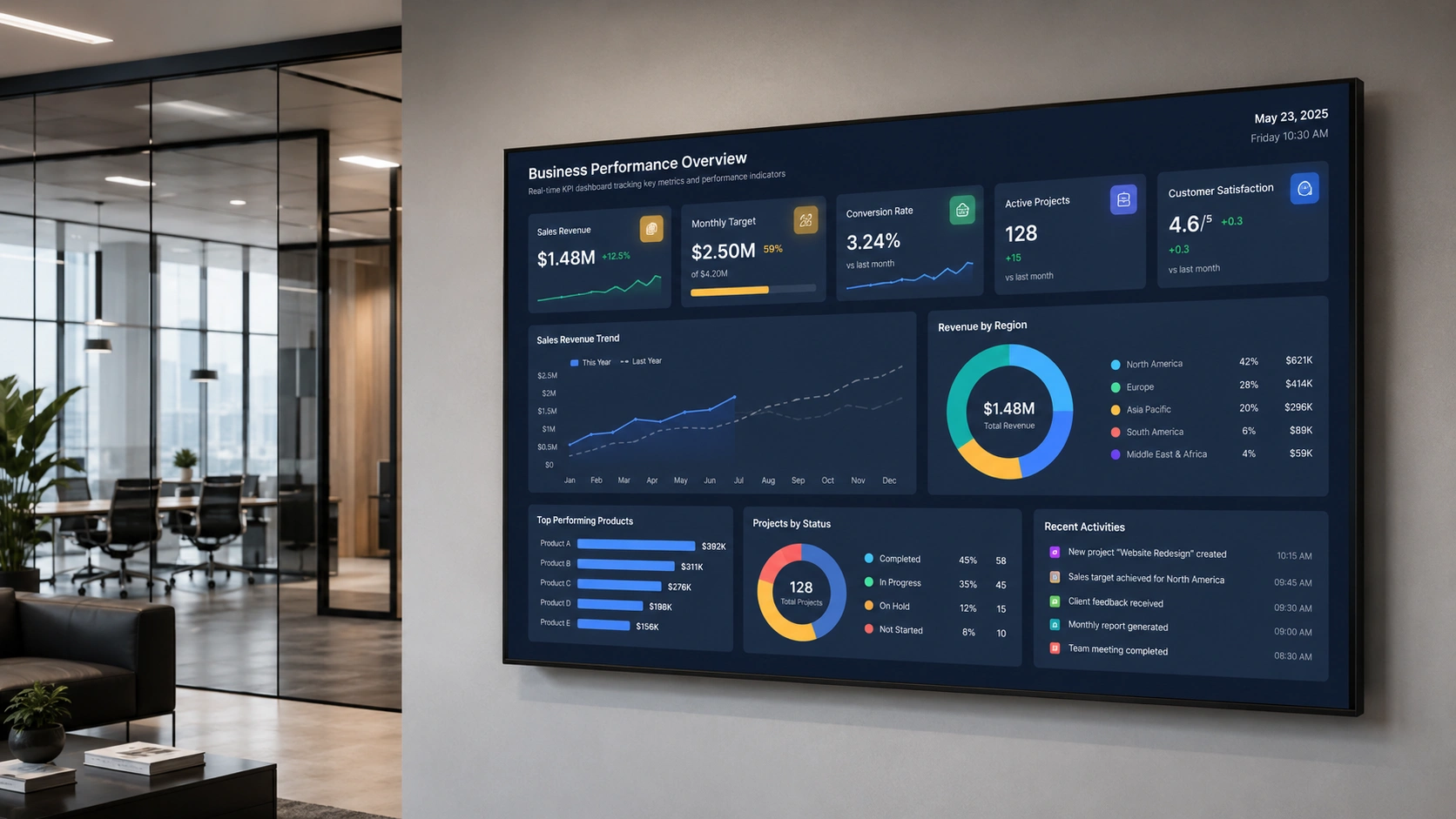 Pickcel KPI dashboard screen displaying real-time sales and production metrics in a workplace